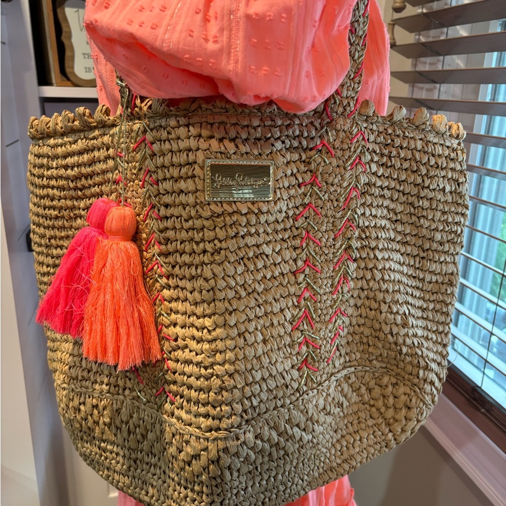 Lilly Pulitzer Tan and Pink Coral Straw Tote Bag